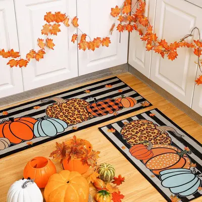 Thanksgiving Kitchen Two-Piece Set, Pumpkin Water and Oil Absorbing Floor Mat