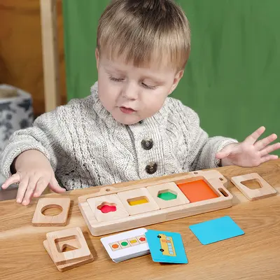 Wooden geometric shape puzzle for parent-child interactive learning