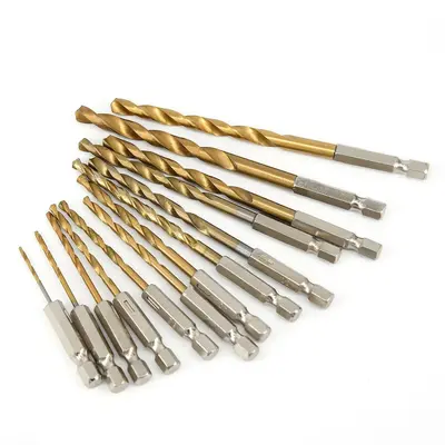 13-Piece Titanium-Coated Twist Drill Bit Set, 1.5-6.5 mm, Hex Shank