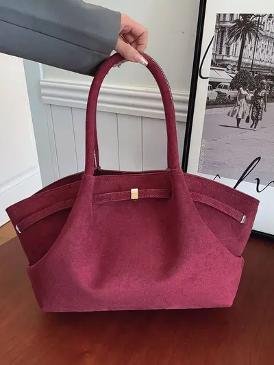Women's Tote Handbag, Large Capacity, Suede-Look Pleated Underarm Bag - 5