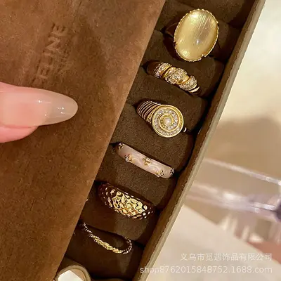 Gold egg-shaped gemstone stackable ring for women - 3