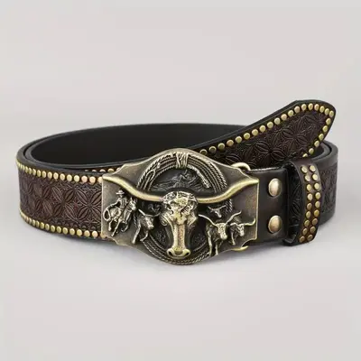 Western cowboy belt, youth punk style embossed men's studded leather belt, wholesale ethnic style belt in stock. - 7
