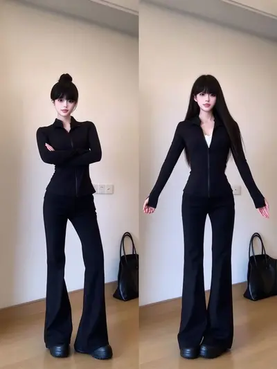 早秋大码新款瑜伽服套装女收腰长袖外套弹力微喇长裤跑步健身套装 - 4