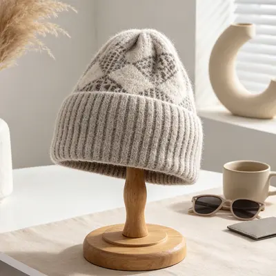 Korean-Style Diamond Jacquard Winter Knit Hat with Ear Protection - 9