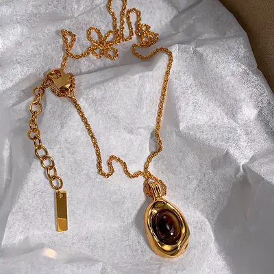 Altın kaplı kaplan gözü taşı kolye, vintage stil - 5