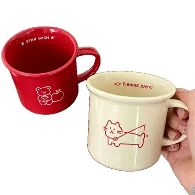 Cute Cartoon Ceramic Mug Couple Set, Bright Red, Christmas Gift - 6
