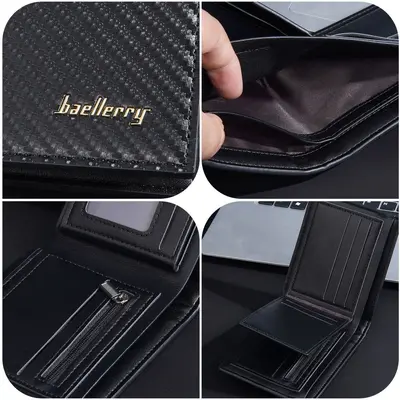 Erkek kısa cüzdan, PU karbon fiber, RFID korumalı, fermuarlı madeni para bölmeli - 4