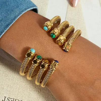 Natural Stone Titanium Steel Open Bangle, Non-Fading