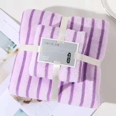 Banyo havlusu seti, mercan kadife, çizgili, emici - 5