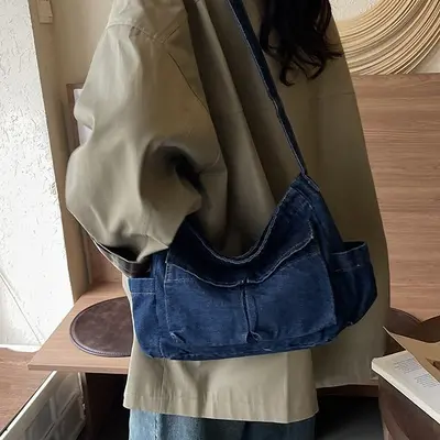 Women's Large Denim Retro Crossbody Bag - 5