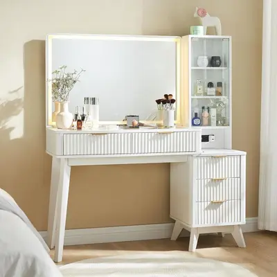 Modern Fluted Makeup Table with Large Mirror and Lights, 5 Drawers - 8