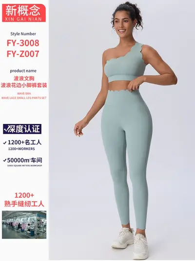 Women's Two-Piece Yoga Set with Wave Ruffle One-Shoulder Bra and Cropped Pants