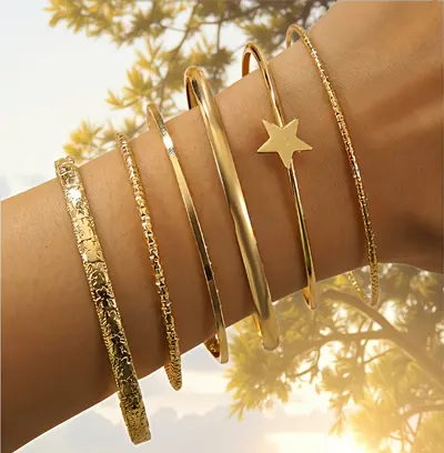 Embossed Geometric Multi-Layer Bracelet Set, 10 Pieces - 13