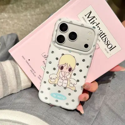 Japanese-style blue polka dot autumn cute double layer case, compatible iPhone 16-18 Pro M