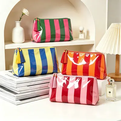 PVC Striped Cosmetic Bag with Tassel Zipper, Waterproof, Small