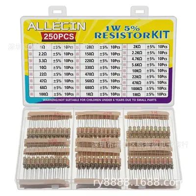 250pcs Carbon Film Resistor Kit, 25 Values, 1/4W 1/2W 1W, 5% Tolerance