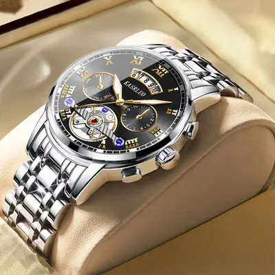 Sınır ötesi yeni paslanmaz çelik sahte Tourbillon yüksek değerli saat erkek moda aydınlık su geçirmez erkek saati çelik kayış modeli