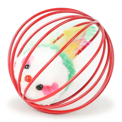 Cat Toy Mouse with Real Feather Tail, Wire Cage, Colored Lacquer - 3