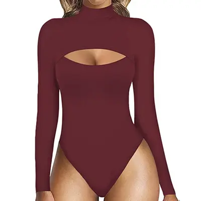 Women's Sexy High Neck Front Cut-Out Thin Long Sleeve Jumpsuit - 2