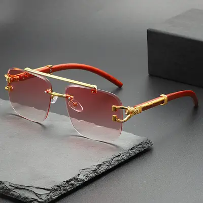 Wood Grain Leopard Head Sunglasses, Double Bridge Square Frameless, Sun Protection - 8