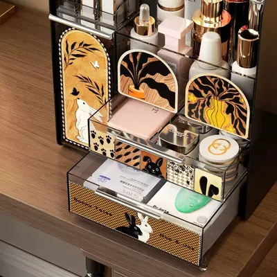 Desktop-Aufbewahrungsbox mit großem Fassungsvermögen, Schubladendesign, eleganter Look, Vintage-Stil, Make-up-Tisch, Kosmetik- und Hautpflege-Organizer