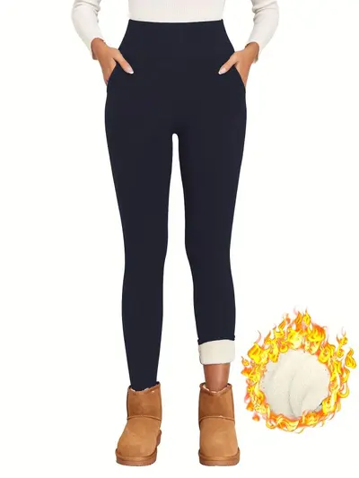 Fleece-Lined Sports Leggings with Pockets, High Elasticity, Women's