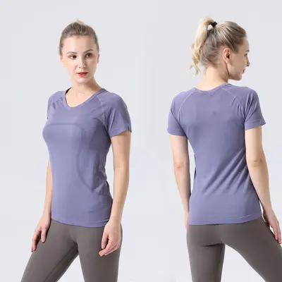 UYARLANMIŞ DEVLET yoga kıyafeti kadın sporları yüksek elastik spor dar üst yuvarlak yakalı kısa kollu tişört 2.0