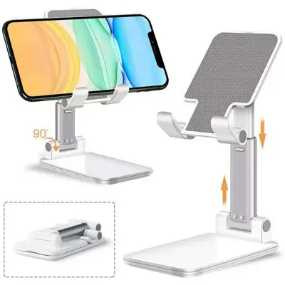 Phone holder, foldable telescopic, desktop and tablet stand