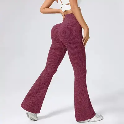 Women's Ribbed Knit Micro Flare Yoga Pants, High Waist, Seamless - 8