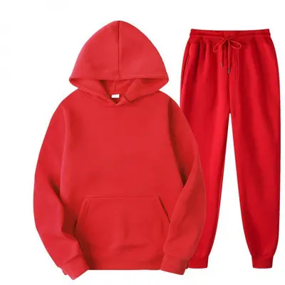 Men's spring autumn solid color hooded sweatshirt set, two-piece casual sports suit - 12