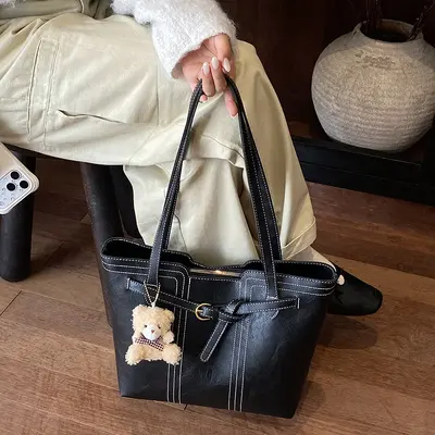 Retro Large Women's Tote Bag, Oil Wax Leather Look, Single Shoulder Underarm Style - 7