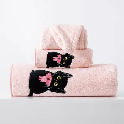Cartoon cat coral velvet towel set, three-piece