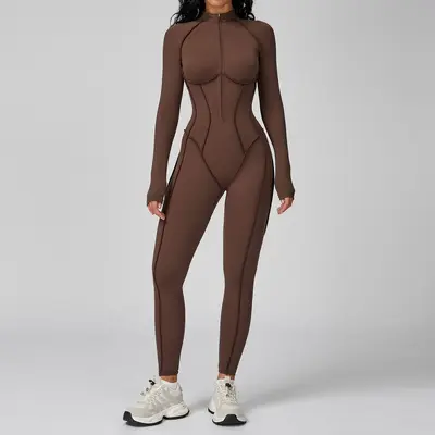 Women's Stand Collar Half-Zip One-Piece Fitness Suit, Vertical Stripes, High-Intensity Tra - 8