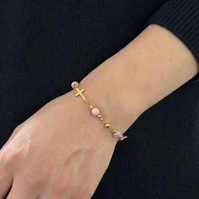 Stainless Steel Round Pendant Cross Tiger's Eye Bracelet for Women