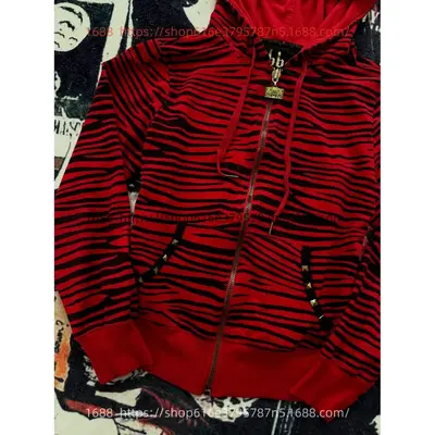 Y2K Zip-Up Striped Print Hooded Sweatshirt, Punk Style - 3