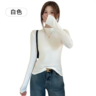 Women's Half-High Collar Double-Sided Velvet Base Layer Top, Solid Color - 7