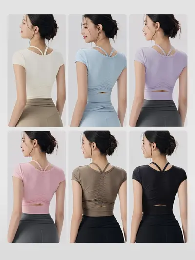 Women's Short Sleeve Yoga Top with Built-in Bra Pads, Breathable Pilates Shirt