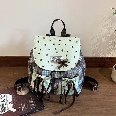 Kids Backpack Bow Design Mint Green Plaid Primary School Bag - 6