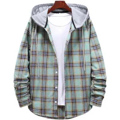 Men's Loose Plaid Hooded Shirt, Plus Size