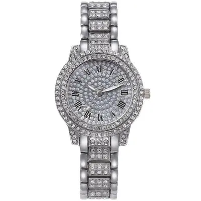 Trendy Best-Selling Roman Numeral Luxury Diamond-Studded Cuban Bracelet with Women's Watch Fashionable Hip-Hop Steel Watch - 7
