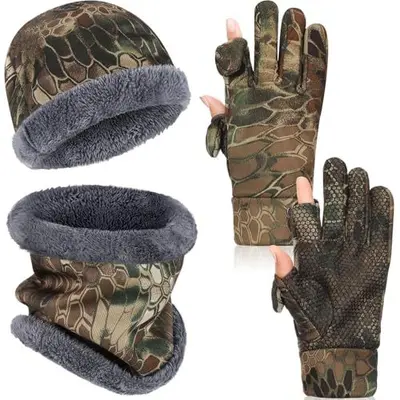 Amazon Cross-Border Fleece-Lined Camouflage Gloves Outdoor Autumn Winter Warm Hat Cold-Proof Neck Gaiter Cycling Gloves Tactical Supplies