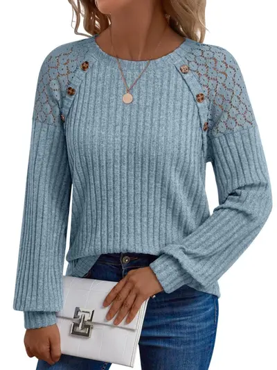 Round Neck Solid Color Hollow Button Long Sleeve Casual Top - 9