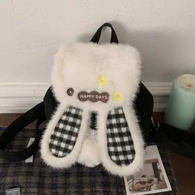 Women's Winter Woolen Plaid Mini Backpack with Cute Rabbit Plush - 7