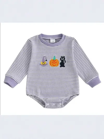 Baby-Halloween-Strampler mit Streifen, langen Ärmeln, Kürbis- und Eulenmotiv