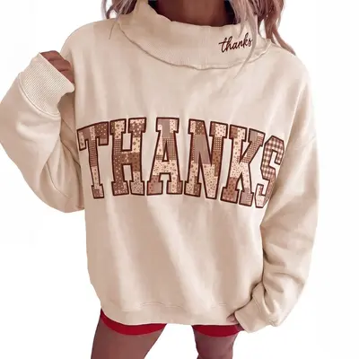 Women's Half Turtleneck Sweatshirt, Letter Embroidered Loose Fit - 10