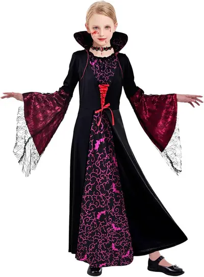 Children's Halloween Witch Costume, Long-Sleeve, Medieval Retro Printed Dress - 7