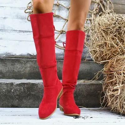 Damenstiefel Übergröße aus Veloursleder, Schnürung hinten, Blockabsatz