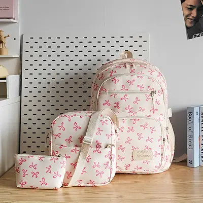 Bow Detail Large-Capacity Student Backpack Three-Piece Set - 3