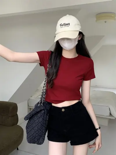 Solid Color Slim-Fit Short Sleeve T-Shirt for Women