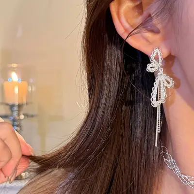 Exquisite French Bow Butterfly Earrings Women's Luxury Premium Elegant Temperament Niche Design Long Tassel Ear Accessories